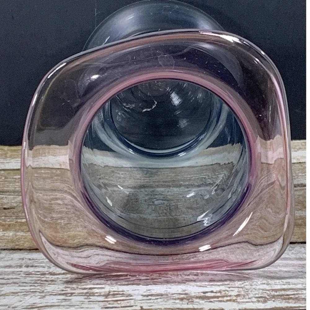Hand Blown Art Glass Vase Pink Ruffled Fold Over Rim Clear Pedestal Base MCM